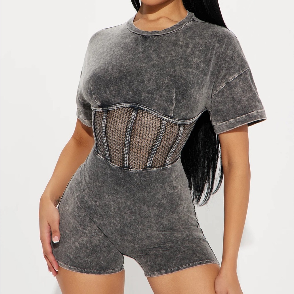 Gray Acid Wash Romper with Mesh corset